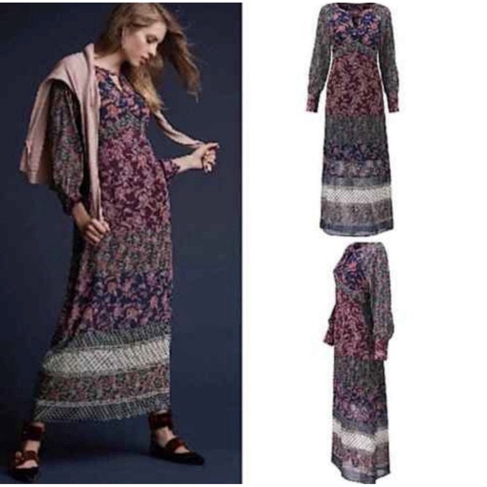 CAbi‎ Size-L Festive Maxi Dress Retro Floral Paisley Print Blue Burgundy